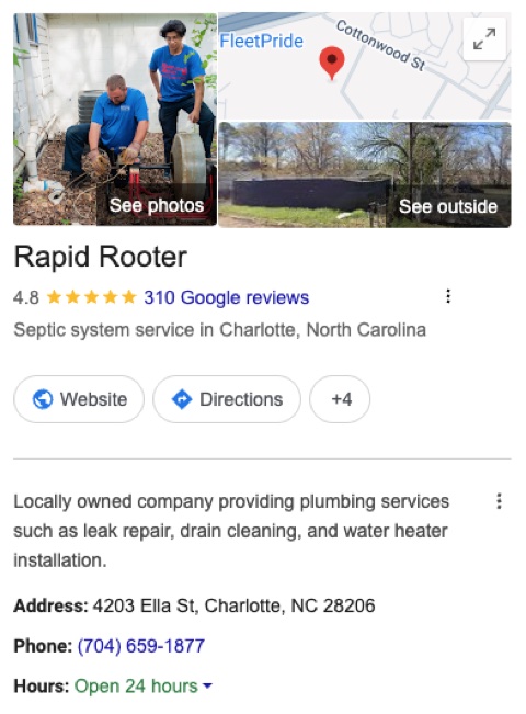 Rapid Rooter on Google: 4.8 stars, 310 reviews, open 24 hours